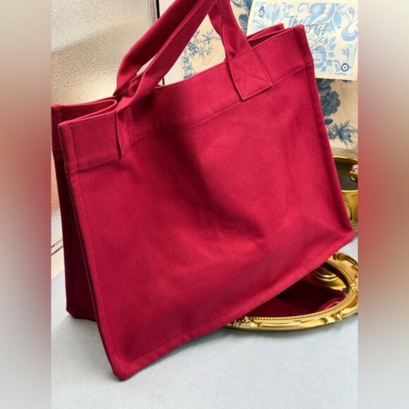 🆕 GANNI 🧿 NWOT Large Easy Shopper, Burgundy Cotton & Yellow Embroidery - Picture 5 of 12